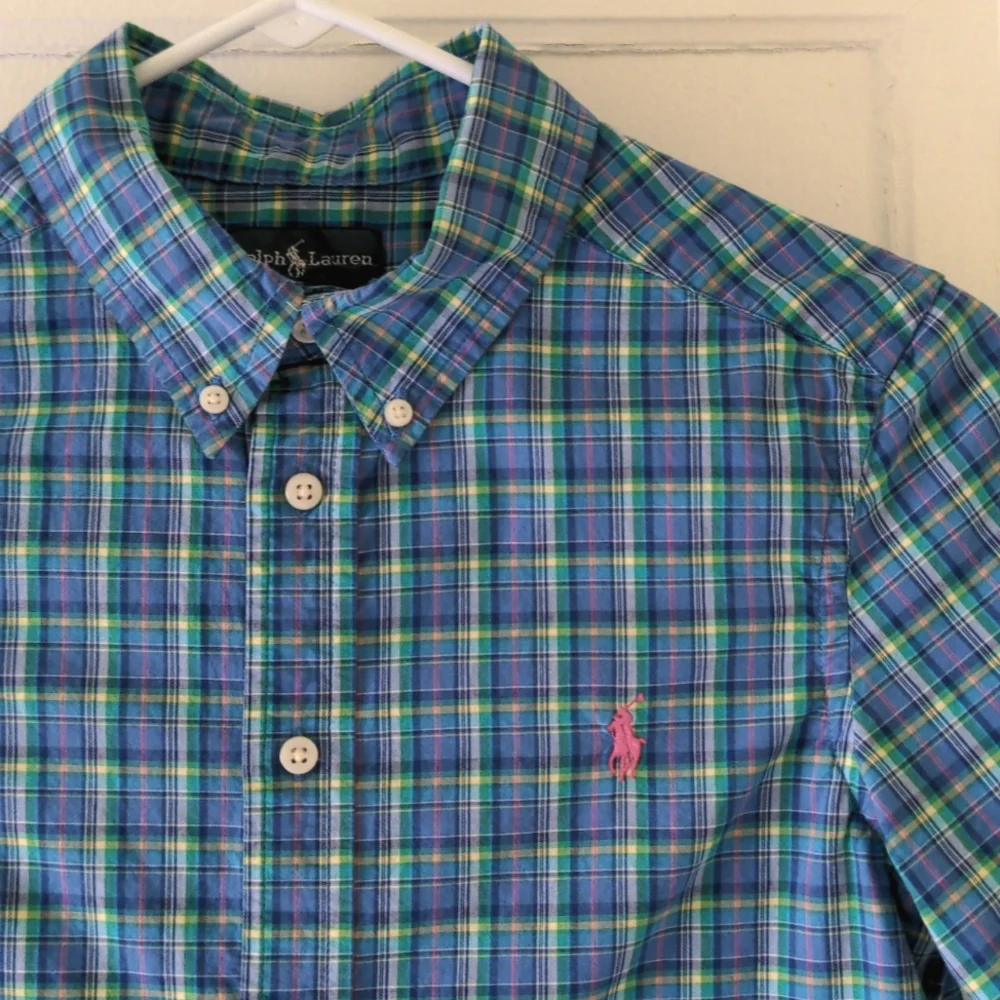 Ralph Lauren blue plaid short sleeve button down shirt